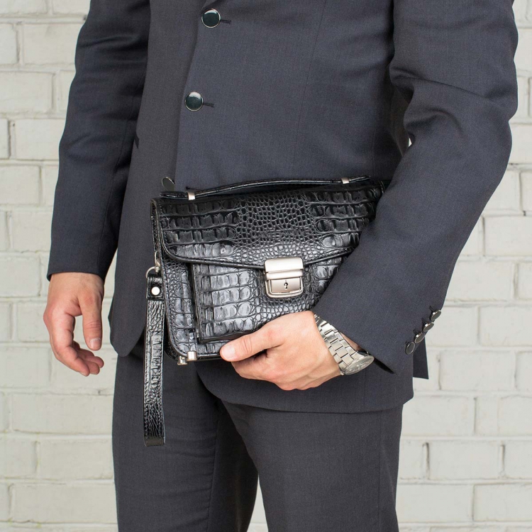 Стильная барсетка мужская из кожи под рептилию Clark Black Caiman